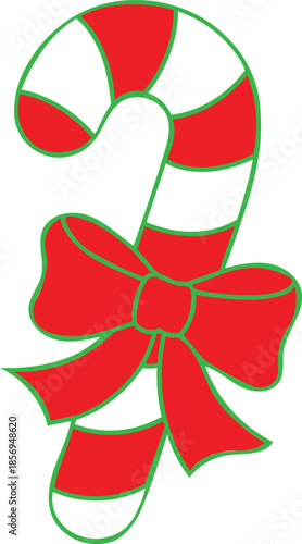 Colorful Candy Cane with Red Bow Illustration on Transparent Background