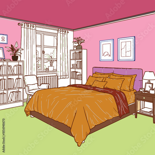 Cozy bedroom with bed nightstand and bookshelves against pink walls