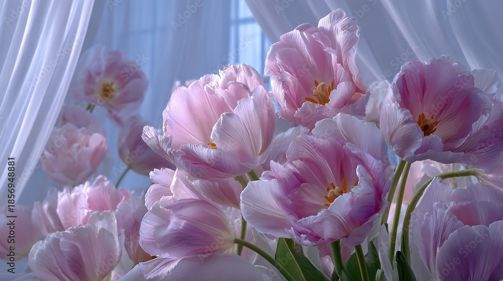 Obraz premium A window adorned with drapes displays a bouquet of pink tulips in its interior