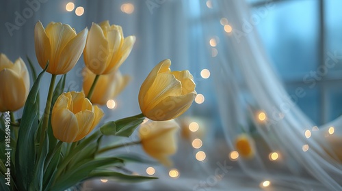   A vase with yellow tulips sits on a table by a white-curtained window