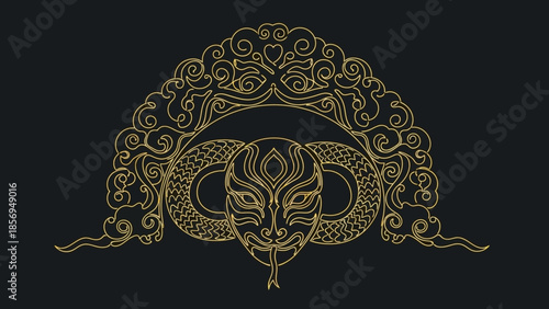golden sneak head with ornate design on black background