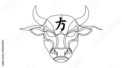 minimalis one line bull head with chinese character tattoo
