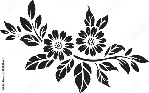 black flowers and leaves on white background