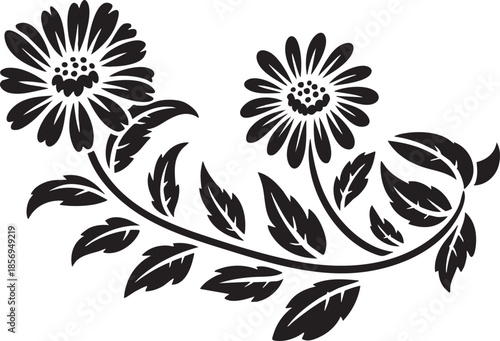 Black silhouette of two flowers with leaves on transparent background