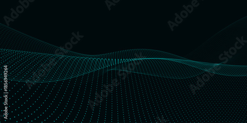 Abstract vector background with a dynamic wave. Streams of bright dots form smooth waves against a dark background. The radiating light creates a sense of depth and elegance. Futuristic 3D dot wave.