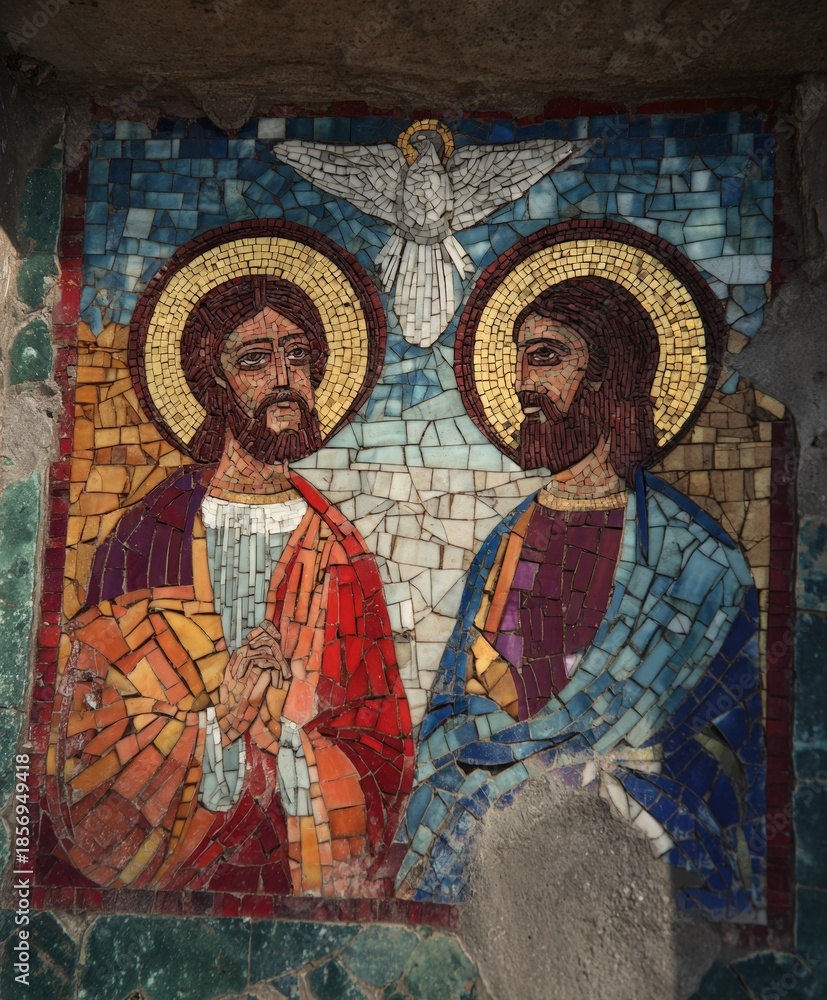 Naklejka premium Two men are depicted in a mosaic, one holding a bird. The men are dressed in red and blue, and the bird is white. Concept of peace and harmony, as the men