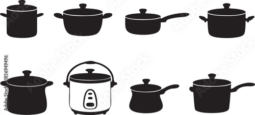 collection of kitchen pots and one rice cooker in black silhouette on white background