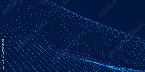 Abstract vector background with a dynamic wave. Streams of bright dots form smooth waves against a dark background. The radiating light creates a sense of depth and elegance. Futuristic 3D dot wave.