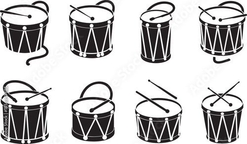 drum icons with drumsticks in different positions on white background