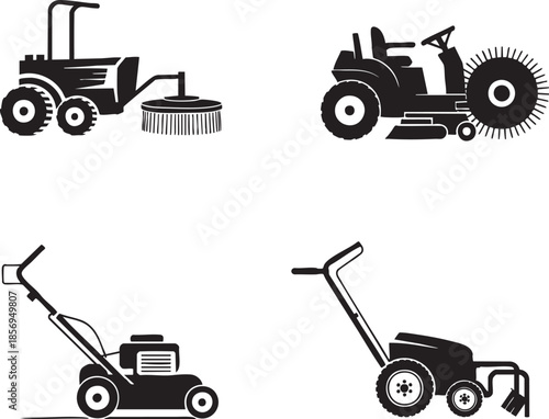 Four types of lawn mowers and a sweeper for gardening and landscaping equipment