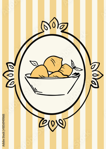 Poster with lemons and leaves. Multicolored composition with citrus fruits Mediterranean art. Poster for decorating gifts, menus, and merchandise Vector illustration banner for interior decoration