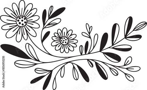 simple black and white illustration of flowers and leaves on white background