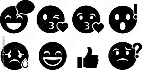 Black and white vector illustration of various emotional emoji icons with facial expressions 