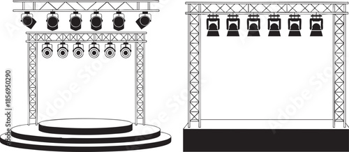 stage lights and trusses with empty stage platforms for events and performances  concert setup