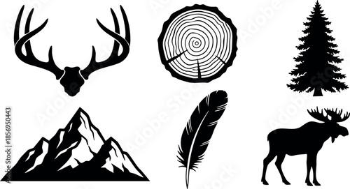 Deer antlers, tree rings, pine tree, mountain, feather, moose silhouette vector icons set 