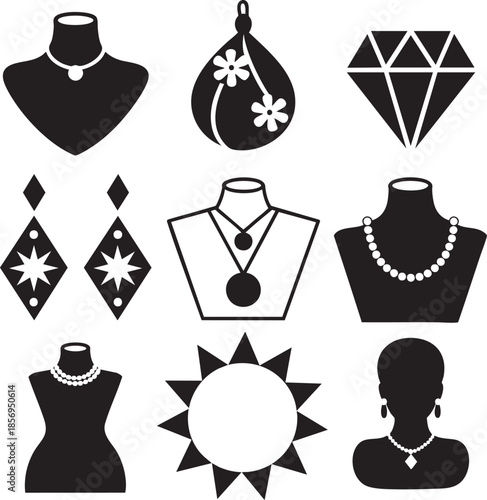 black and white icons of jewelry and necklaces on mannequin busts and earrings