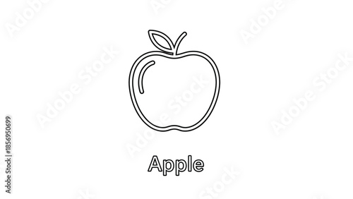 Simple black and white line art illustration of a single fresh apple with a small stem and leaf clearly depicted above the fruit for coloring or tracing activities