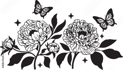 black and white illustration of flowers and butterflies with leaves and stars