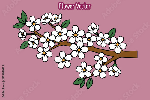 cherry blossom branch hand-drawn vector, flower vector, blossom branch, cherry blossom vector, floral branch illustration, spring flower clipart