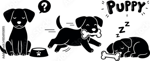 Cute black puppy playing sleeping with bone and food bowl vector illustration 