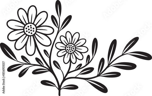 black and white illustration of flowers with leaves on a transparent background
