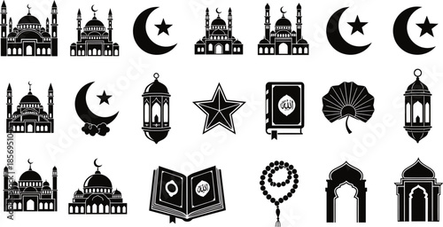 Mega Collection of Islamic Religious Icons with Mosque Silhouettes, Holy Books, and Decorative Fanous
