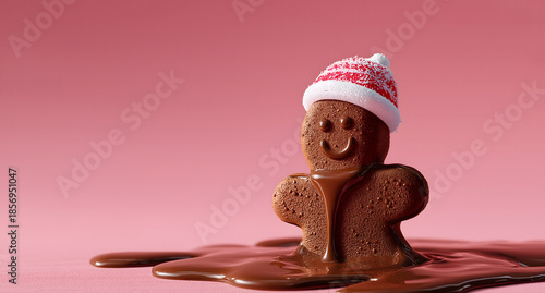 Christmas gingerbread man in a red hat standing on hot chocolate. Christmas or New Year concept in minimalist style.