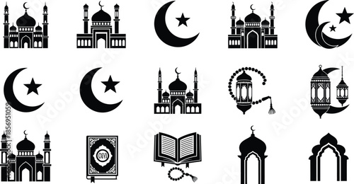 Muslim Religious Design Kit Featuring Mosque Silhouettes, Quran, Rosary, and Celestial Symbols