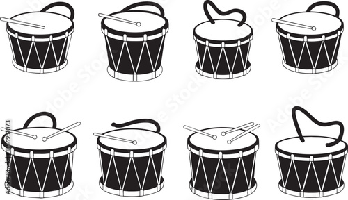 black and white illustration of various drum sets with drumsticks on transparent background