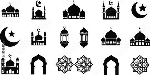 Ramadan Kareem Icon Set with Mosque Silhouettes, Crescent Moons, and Oriental Lantern Ornaments