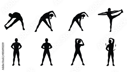 Collection of black silhouette icons demonstrating various human figures engaged in dynamic stretching exercises and preparatory body poses for fitness routines