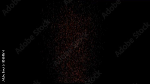 A dark background displays a visually striking cascade of glowing orange particles forming a dense dynamic pattern