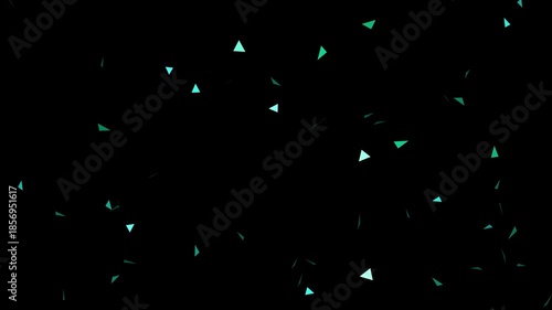 A dark background showcases a scattering of vibrant teal geometric shapes resembling falling confetti