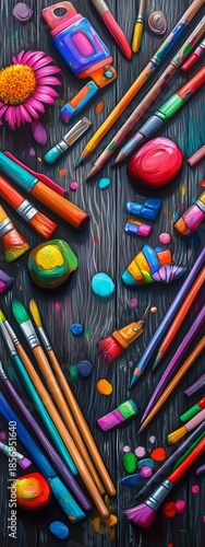 Colorful drawing with happ teacher's day text on dar wooden background with ar supplies. Celebrating teahers, appreciation, schoolevents, creative expressios, art & craft projects.