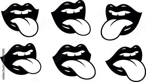Black lips with tongue sticking out vector illustration set for expressive design elements 