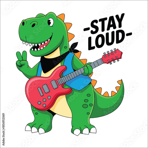 Green T- Rex Dinosaur Musician with Red Guitar and Vest