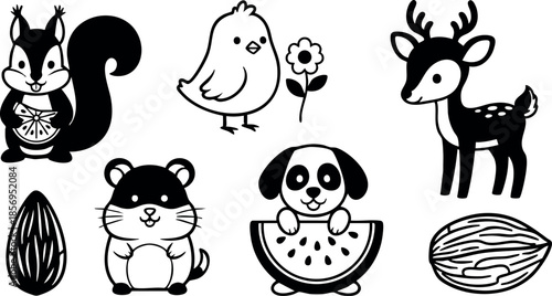 Cute woodland animals and seeds vector set with squirrel bird deer and hamster 