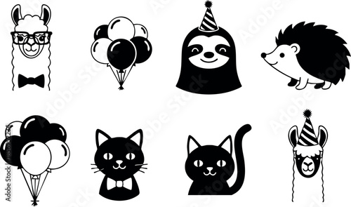 Cute animal party icons with balloons and hats vector illustration 