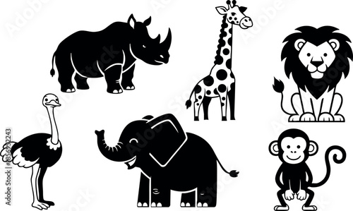 African Wildlife Vector Set Featuring Rhino Giraffe Lion Ostrich Elephant and Monkey 