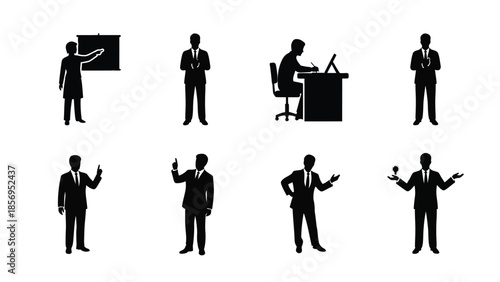 Collection of diverse businessman and presenter silhouettes demonstrating various professional actions like pointing instructing writing sitting and holding a bright idea lightbulb symbol