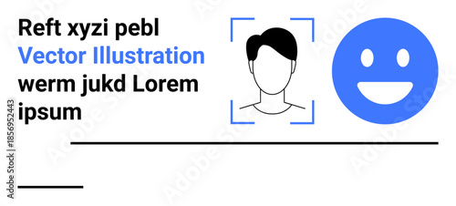 Digital identity, facial recognition, user authentication, technology designs, AI applications, cybersecurity. ion of a user profile outline in a frame and a happy face icon. Digital identity