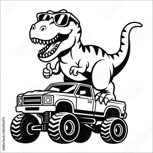 T Rex Dinosaur Riding Monster Truck With Sunglasses Keywords: dinosaur, t rex, tyrannosaurus rex