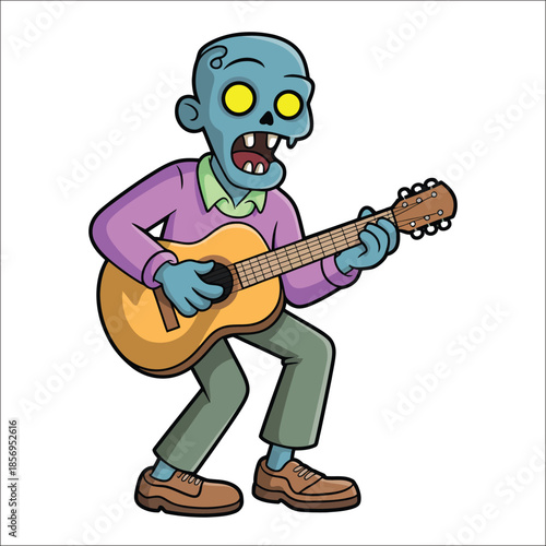 Zombie character with open mouth playing an acoustic guitar