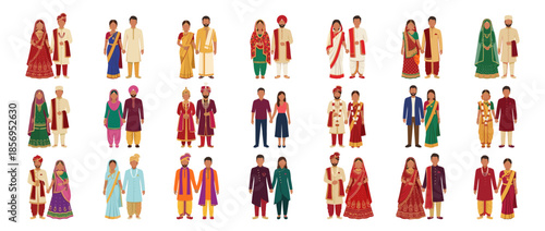 A collection of diverse illustrations depicting couples in traditional Indian attire, standing together.