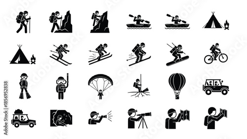 Collection of black and white stick figure icons representing various outdoor adventure sports and recreational travel activities perfect for infographics or concept design projects.