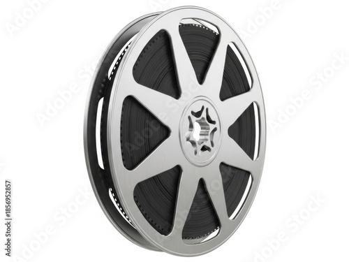 Film reel with black film on a silver metal spool