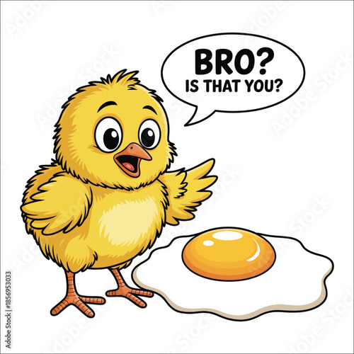 Cartoon chick points at fried egg with speech bubble question