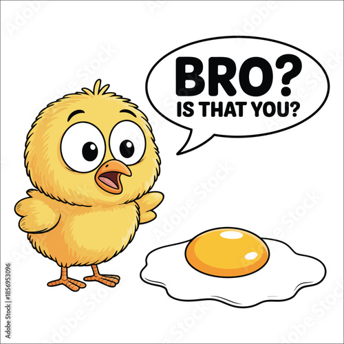 Cartoon chick questions fried egg with speech bubble
