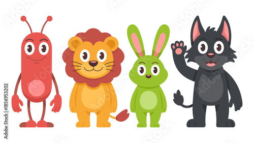 Four cute cartoon characters including a red alien, lion, rabbit, and black wolf