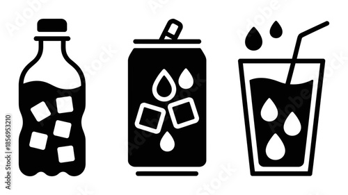 A collection of cold beverage icons representing a bottle, can, and glass